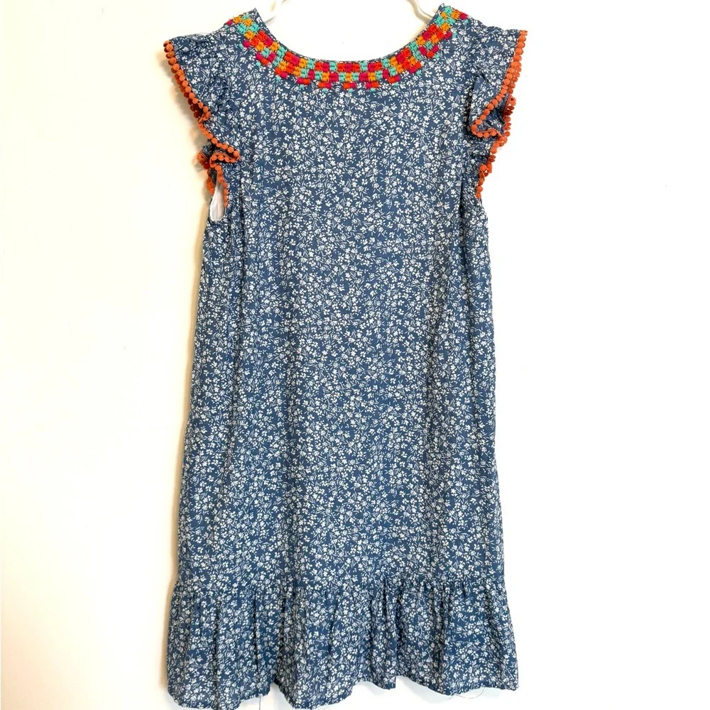 THML Blue Floral Boho Dress Small Embroidered V Neck Flutter Sleeve Ruffle Hem - Picture 7 of 7